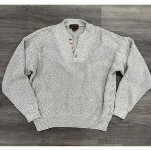 Vtg Eddie Bauer Sweater Henley Cotton Chunky Knit Gray Cream Fisherman Tall XL